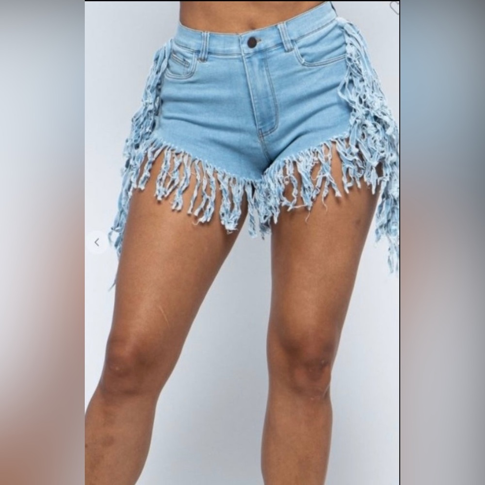 Light Denim Tassel Jean Shorts